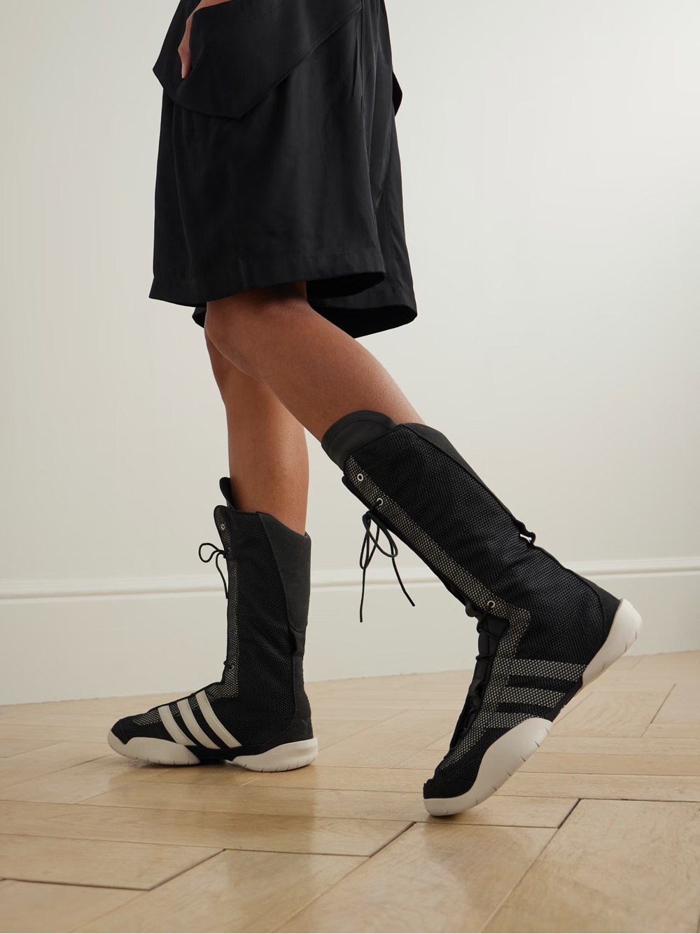 Y-3 Regu Black Mid-Calf Lace-Up Sneakers with White Soles